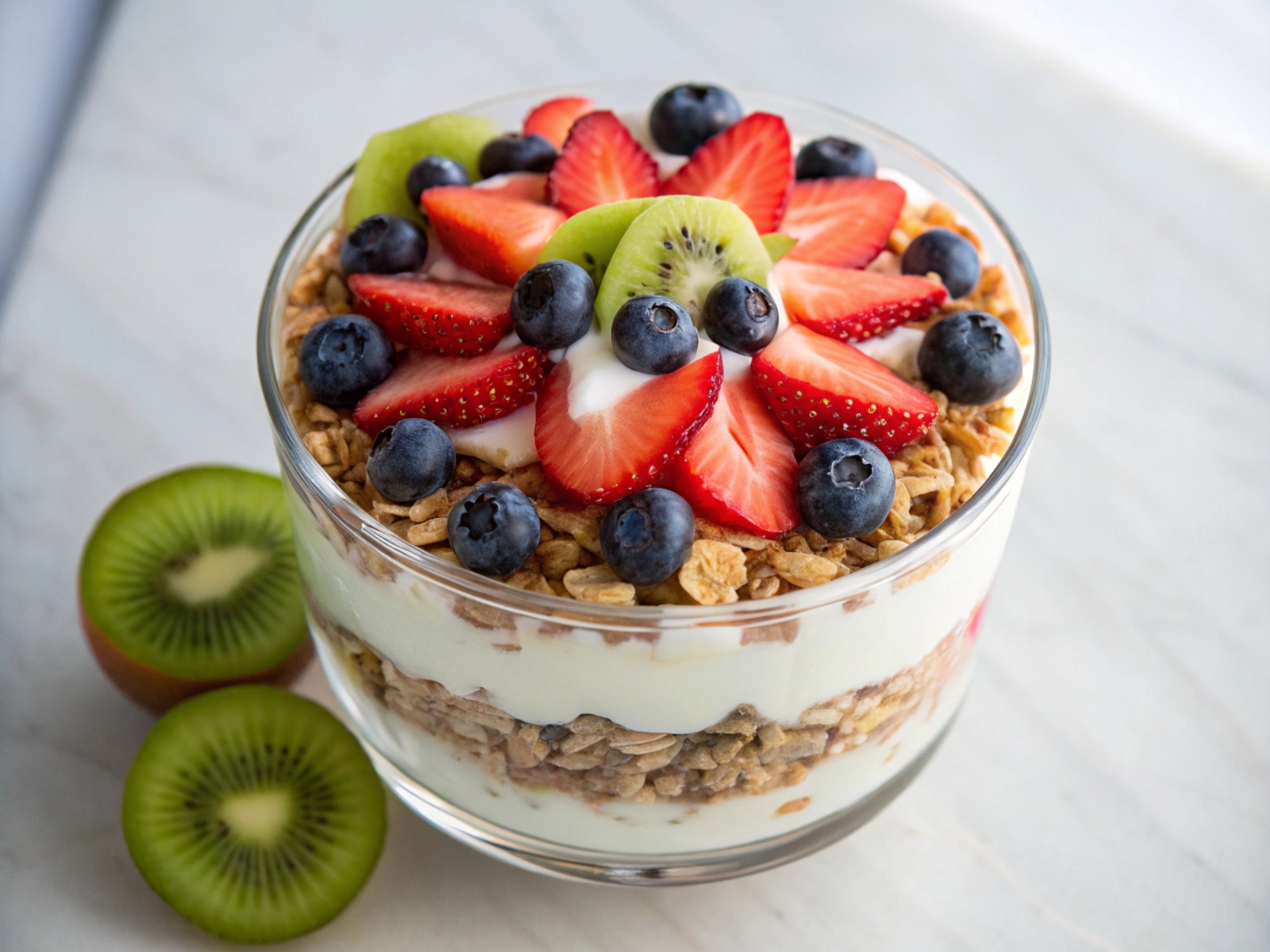 Yogurt parfait with granola, strawberries and kiwi
